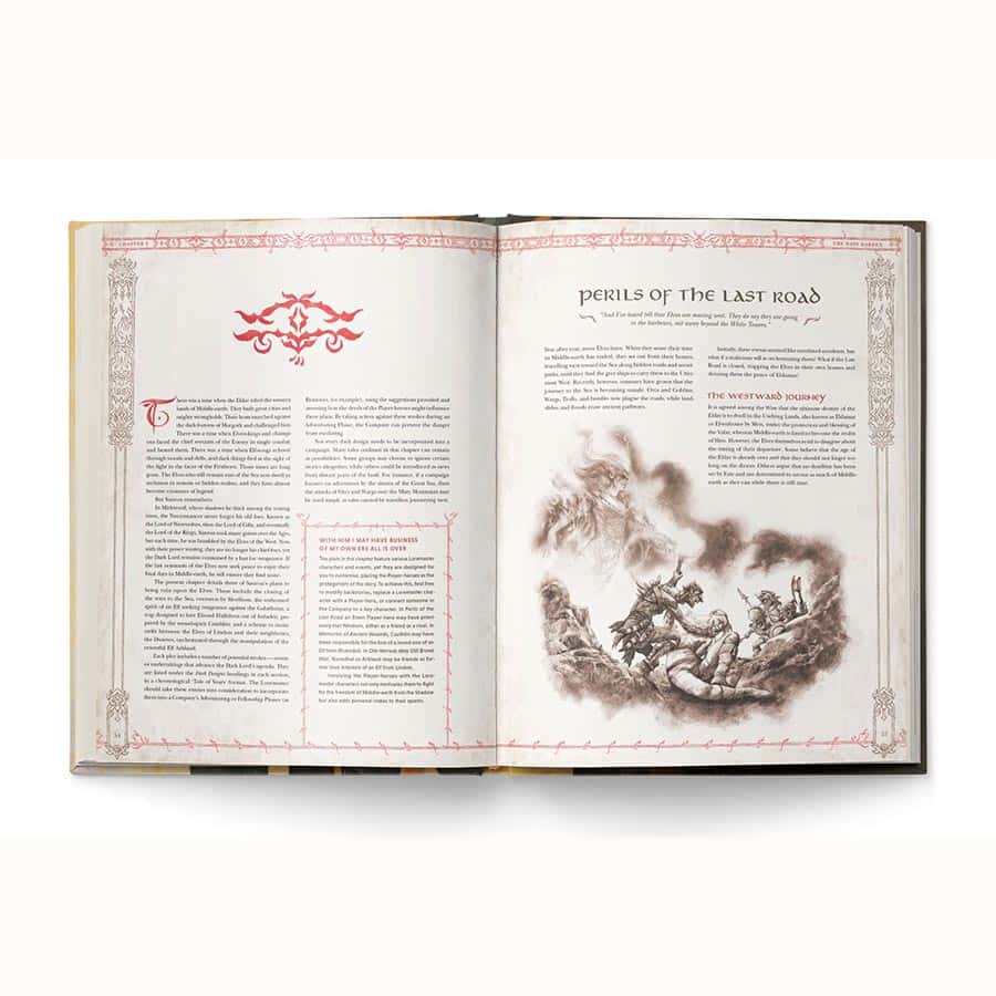 D&D 5E - Lord of the Rings 5E: The One Ring - Open hardcover book featuring ornate red border designs and detailed sepia-toned fantasy illustration on right page.