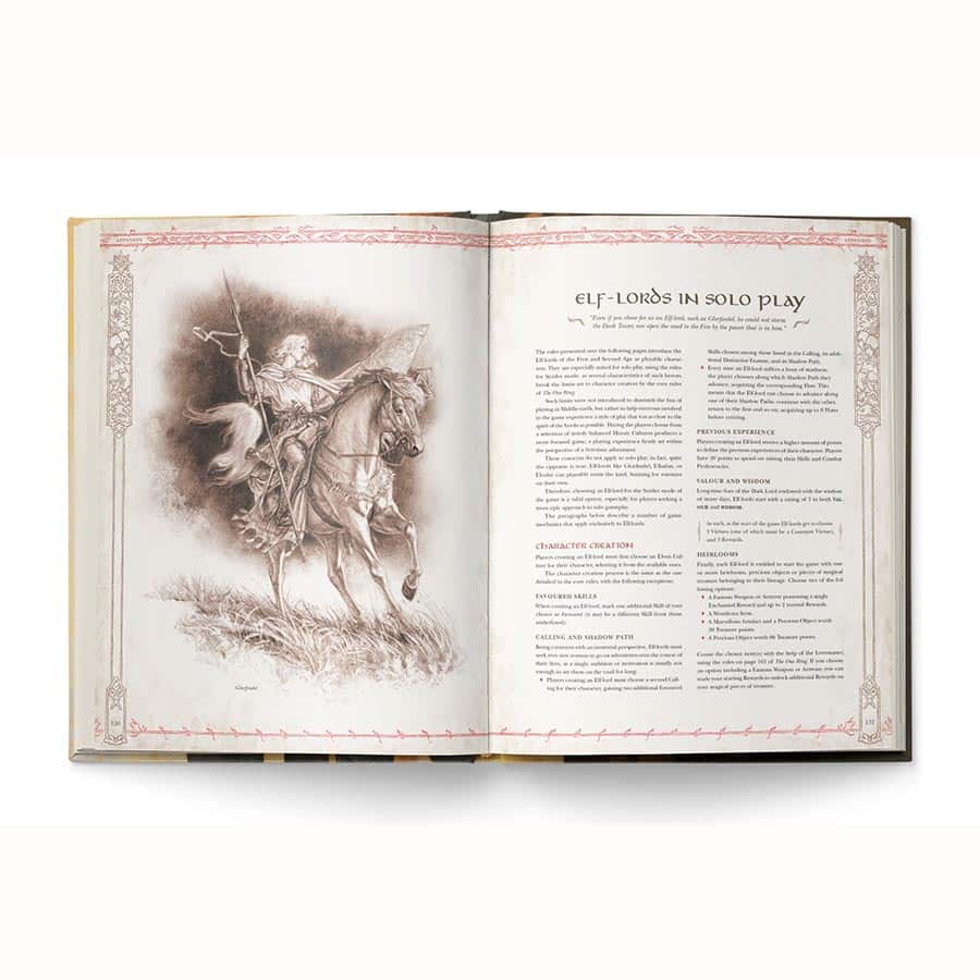D&D 5E - Lord of the Rings 5E: The One Ring - Open fantasy role-playing book with sepia illustration of a knight on horseback on left page and text in decorative border.