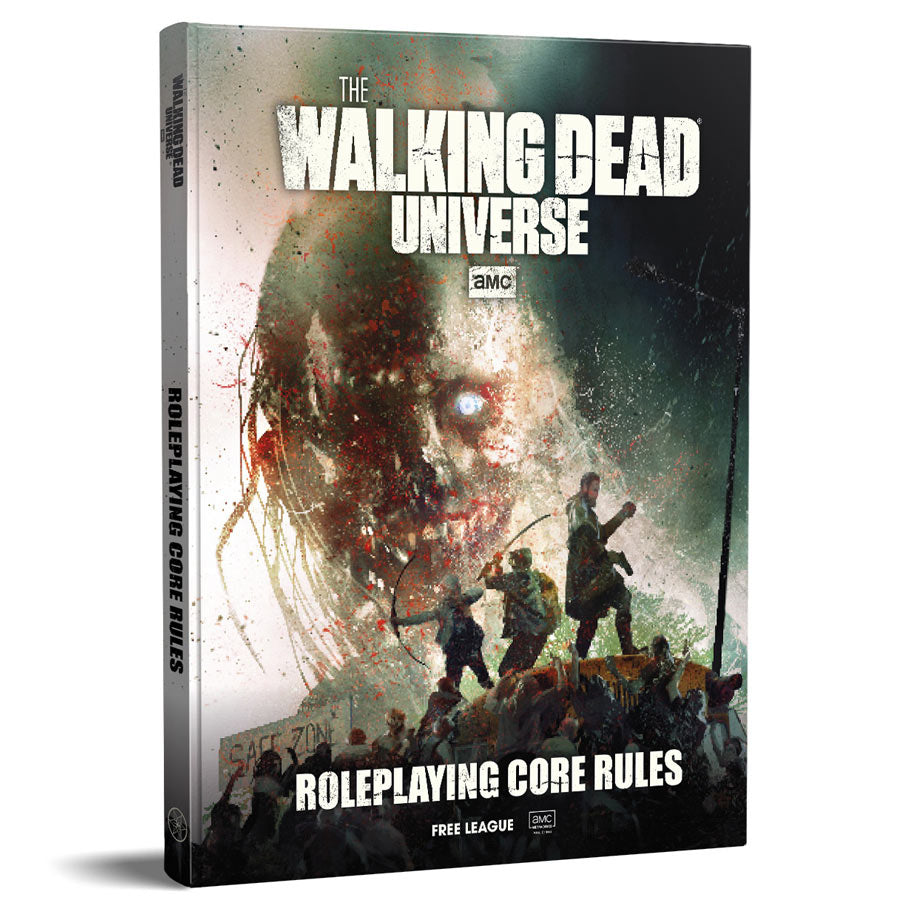 The Walking Dead Universe: RPG Core Rules - The Walking Dead Universe RPG Core Rules book with dark, gritty cover art featuring a large, menacing zombie face behind.