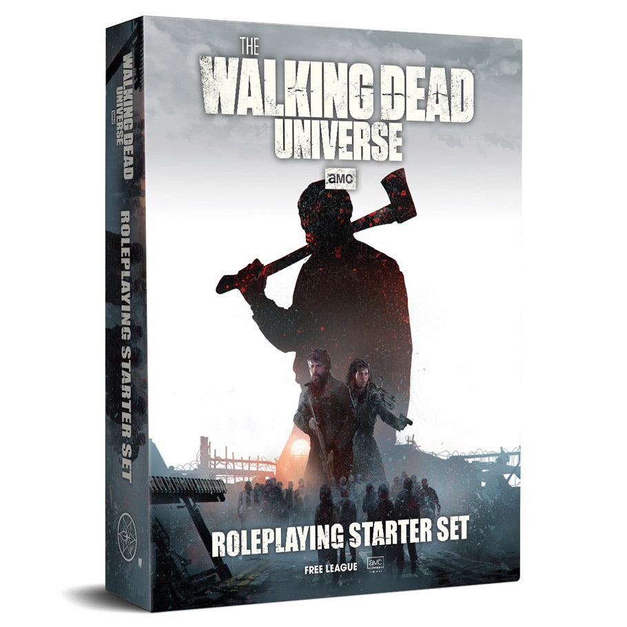 The Walking Dead Universe: RPG Starter Set - Walking Dead Universe RPG Starter Set box with silhouetted figure holding an axe and two characters below on a gray, foggy.