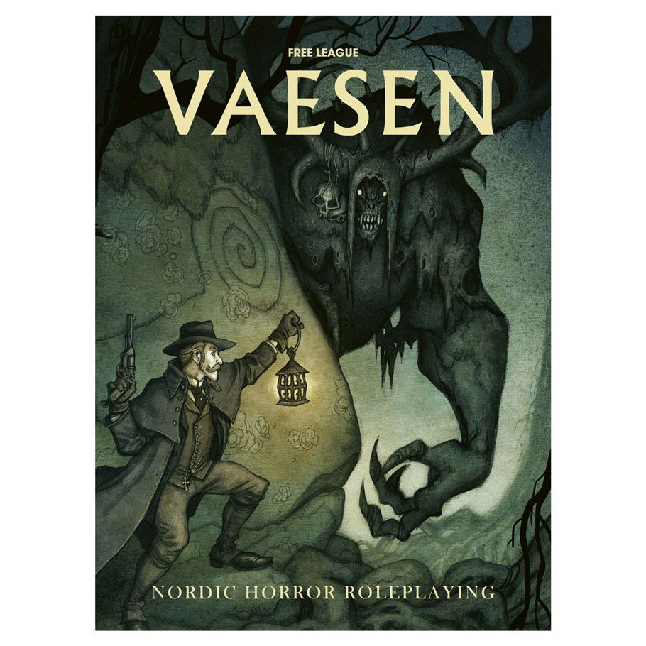 Vaesen: Nordic Horror RPG - Dark fantasy RPG book cover with a shadowy monster looming over a lantern-lit explorer in old Nordic attire.