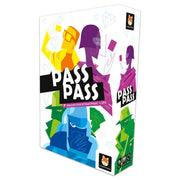 Pass Pass - Pass Pass card game box with colorful abstract human silhouettes in yellow, purple, green, and blue on white background.