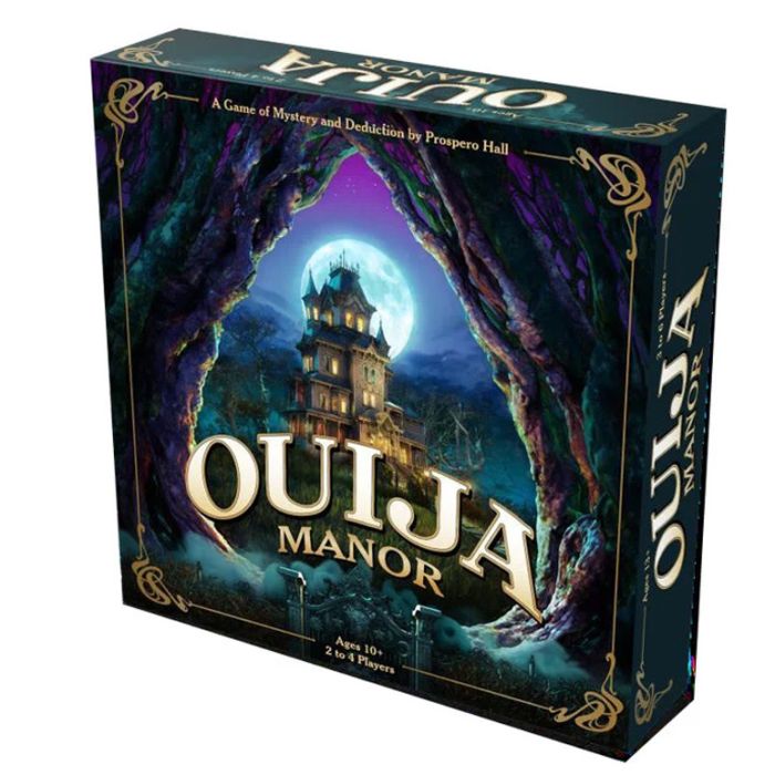 Ouija Manor - Dark gothic board game box featuring a spooky mansion under a full moon with the title Ouija Manor in bold letters.