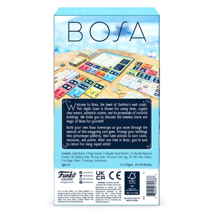 Bosa - Bosa card game box featuring colorful rectangular cards and tokens on a sandy beach background.