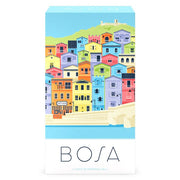 Bosa - Colorful illustration of stacked Mediterranean-style houses on a card game box labeled BOSA.