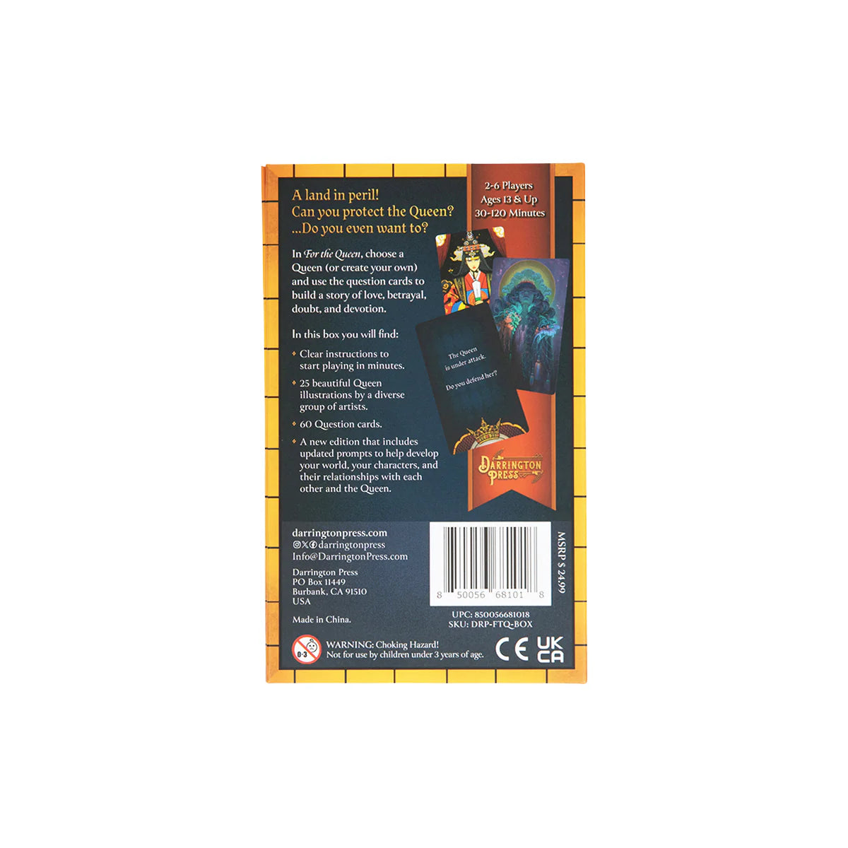 For the Queen - Rectangular game box back with orange and black design, featuring text, barcode, and a small image of playing cards and a.