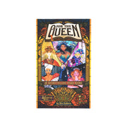 For the Queen - Vertical rectangular game box with colorful fantasy illustrations featuring five diverse characters on a stained-glass.