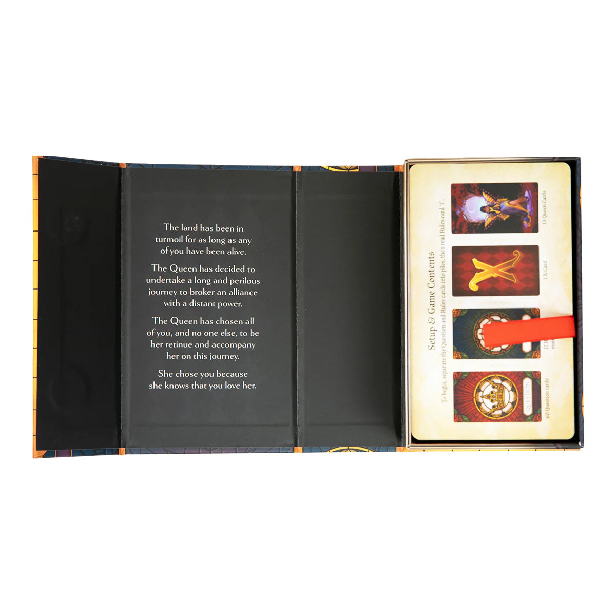 For the Queen - Open card game box with black interior, text on left flap, and three illustrated cards secured on right with red strap.