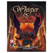 D&D 5E: Whisper & Venom - Dungeons & Dragons 5E book cover featuring a dark demonic figure with glowing red eyes and large purple wings standing in.