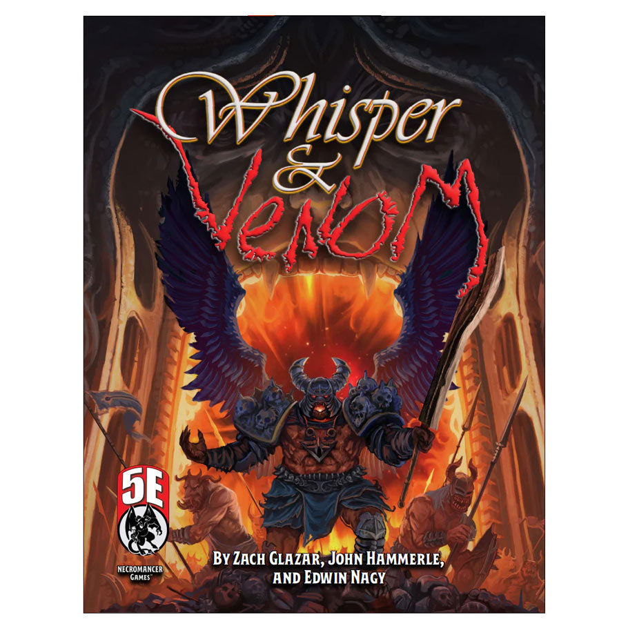 D&D 5E: Whisper & Venom - Dungeons & Dragons 5E book cover featuring a dark demonic figure with glowing red eyes and large purple wings standing in.