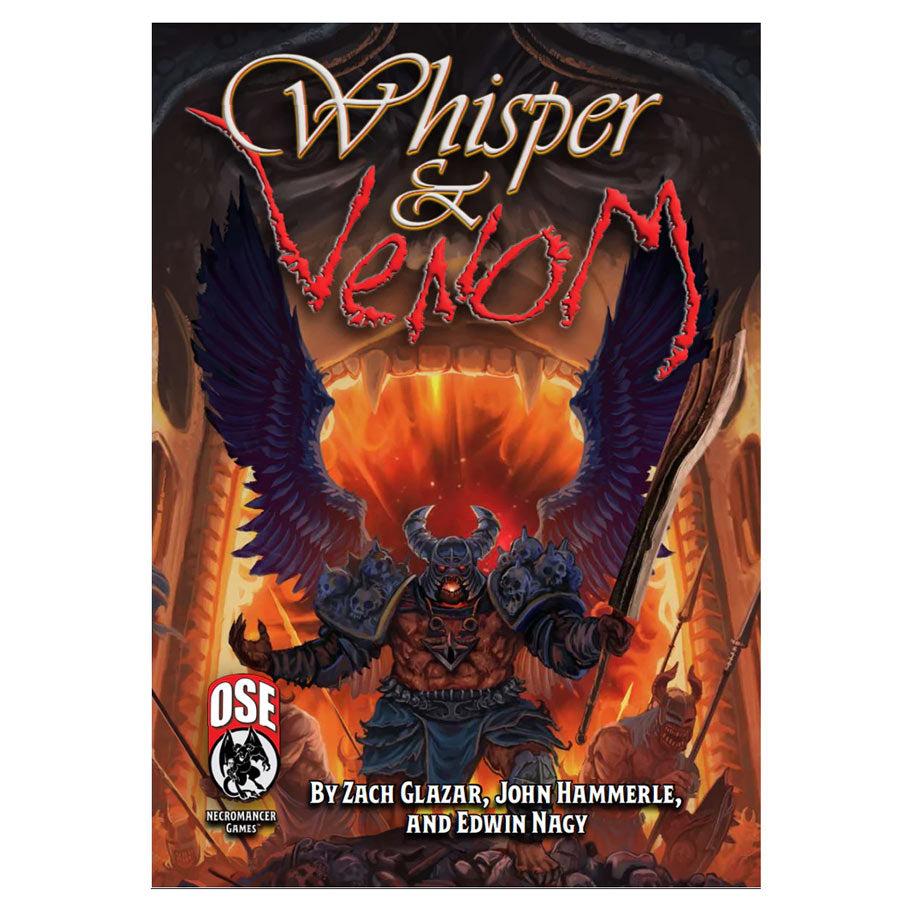 Old-School Essentials: Whisper & Venom - Fantasy book cover with dark armored warrior wielding blades, fiery background, bold red and gold title Whisper & Venom.