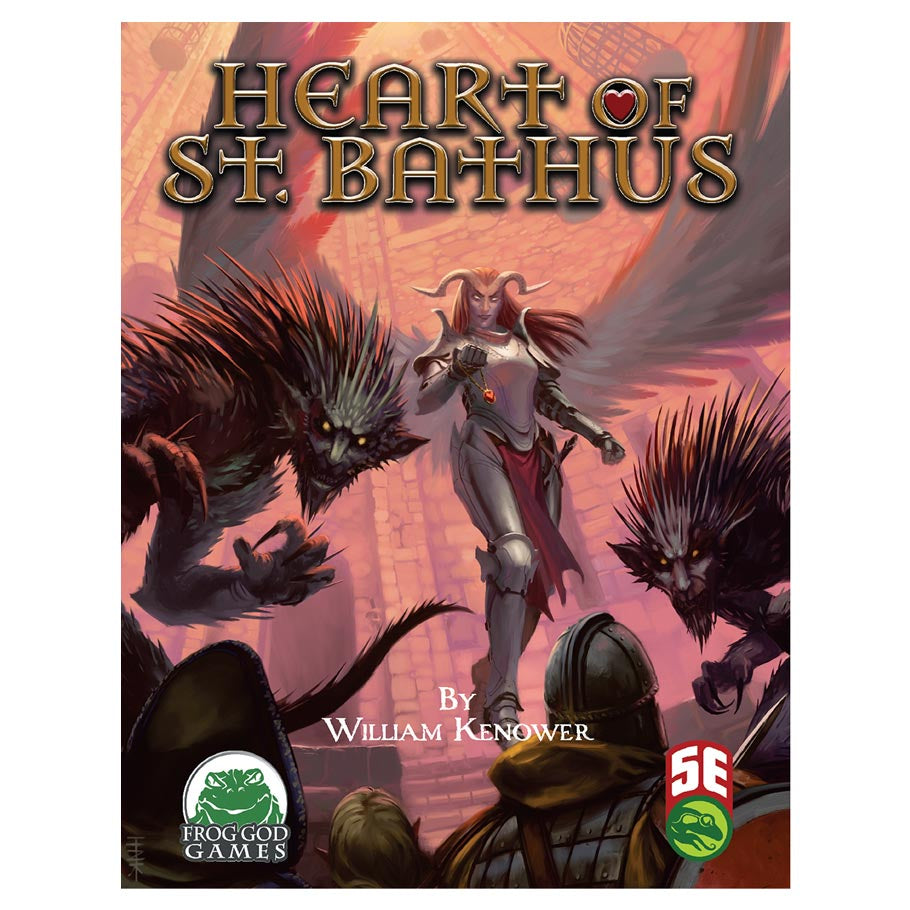 D&D 5E: Heart of St. Bathus - Fantasy book cover with armored female warrior wielding a sword, surrounded by dark monstrous creatures, set against a fiery