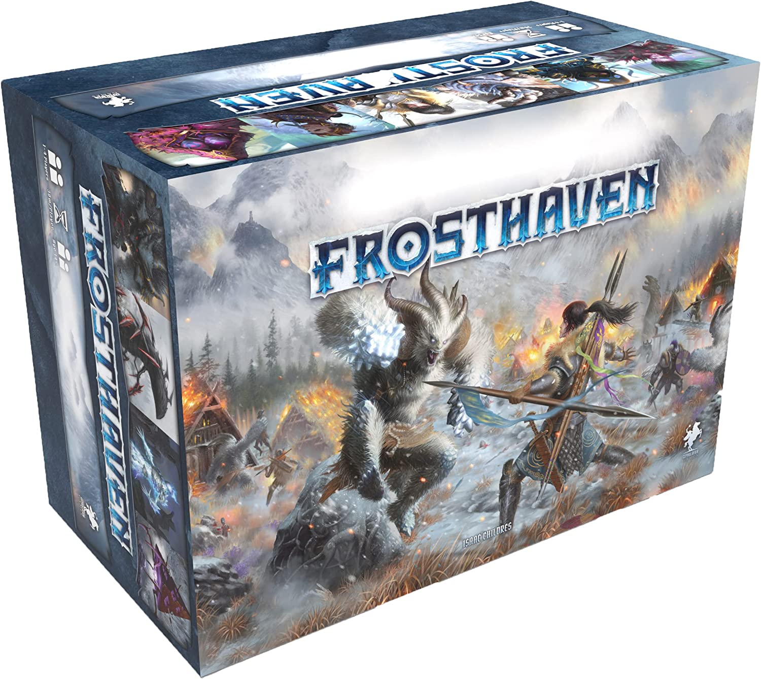 Frosthaven - 1st printing - Frosthaven board game box with snowy fantasy battle scene featuring warriors and mystical creatures.