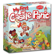 My First Castle Panic - Colorful board game box with cartoon characters including a knight, wizard, goblin, and dragon, set against a castle.
