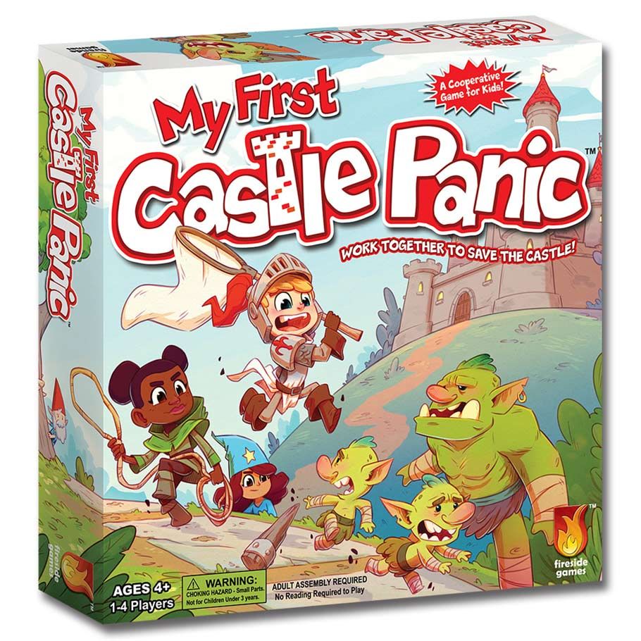 My First Castle Panic - Colorful board game box with cartoon characters including a knight, wizard, goblin, and dragon, set against a castle.