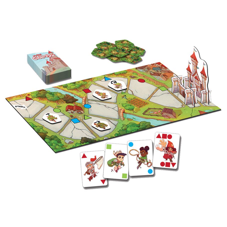 My First Castle Panic - Colorful board game with castle illustration, forest and river paths, character cards, and a deck of cards.