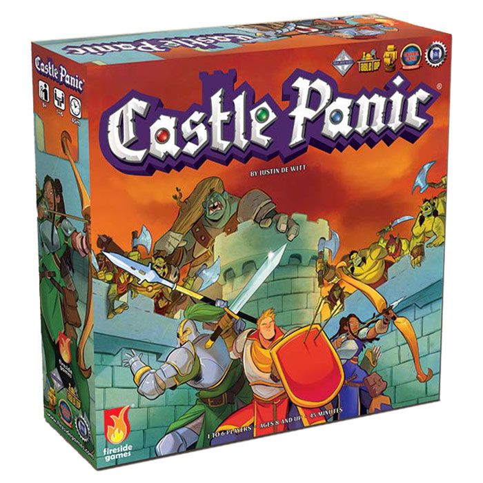 Castle Panic 2nd Edition - Castle Panic 2nd Edition board game box with colorful fantasy artwork showing knights fighting monsters at a stone castle.