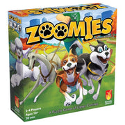 Zoomies - Colorful board game box for Zoomies featuring animated playful dogs running on green grass under a blue sky.