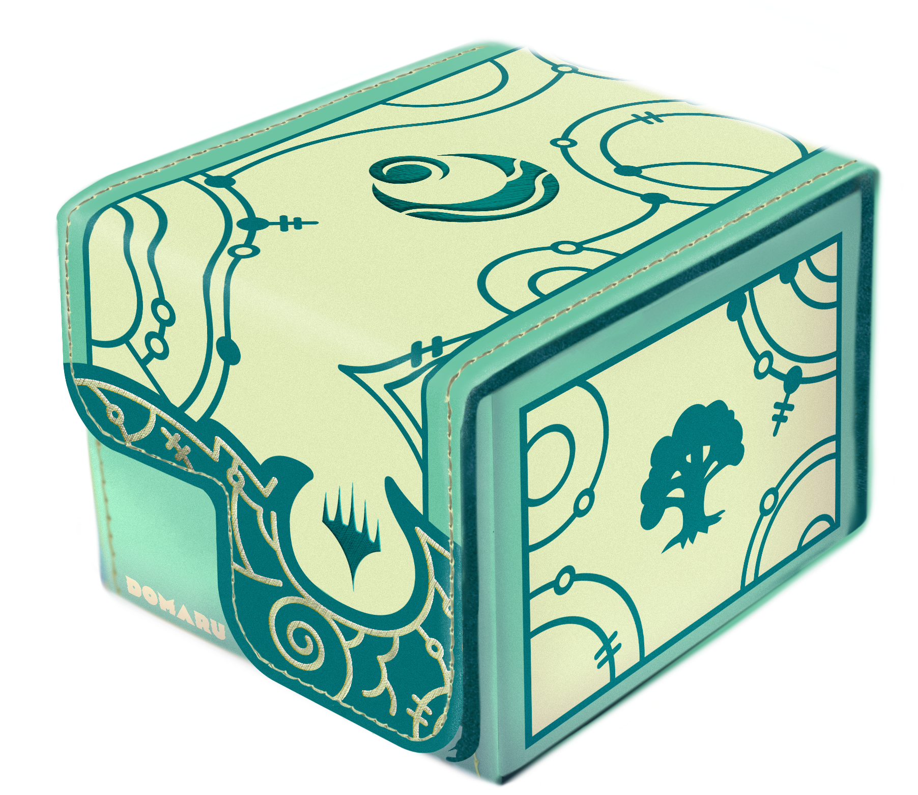 Domaru Deck Box: Magic the Gathering: Lorwyn Eclipsed - Bloomseeker Green - Green and cream rectangular Magic the Gathering deck box with abstract forest-themed art and Domaru logo.