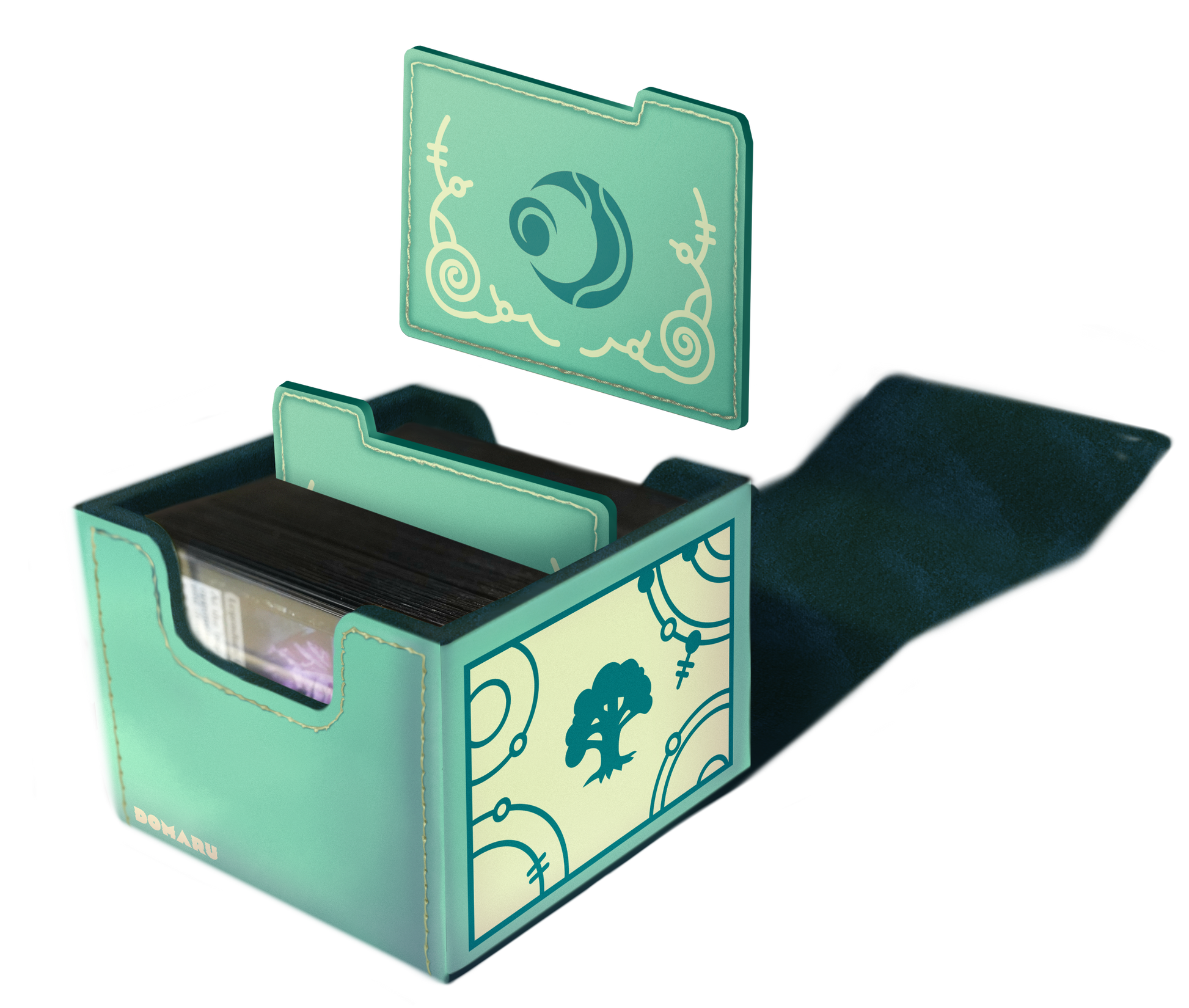 Domaru Deck Box: Magic the Gathering: Lorwyn Eclipsed - Bloomseeker Green - Green rectangular card deck box with floral and swirl designs, hinged lid, and a fabric flap closure.