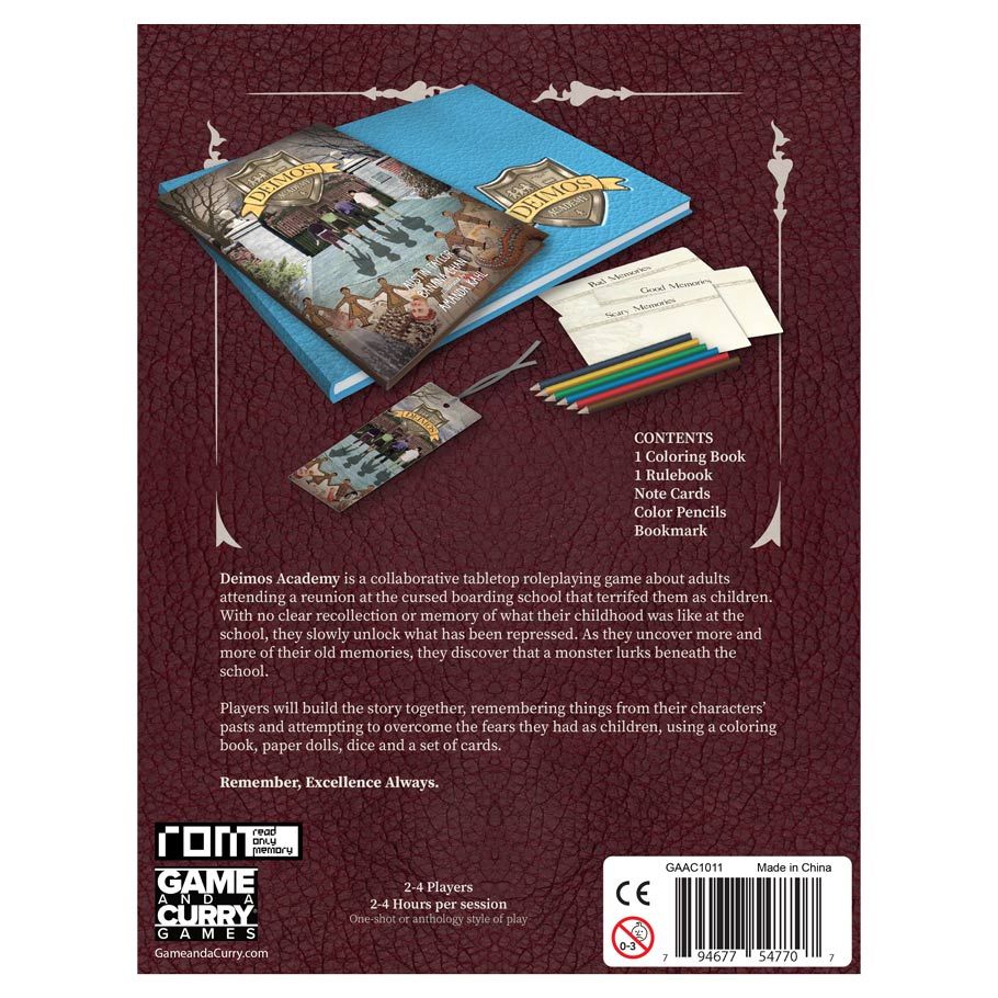 Deimos Academy - Open fantasy coloring book titled Deimos Academy with illustrated castle and wizard, alongside colored pencils and game.