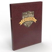 Deimos Academy - Dark red textured binder with gold and brown shield emblem labeled "Deimos Academy" on front cover.