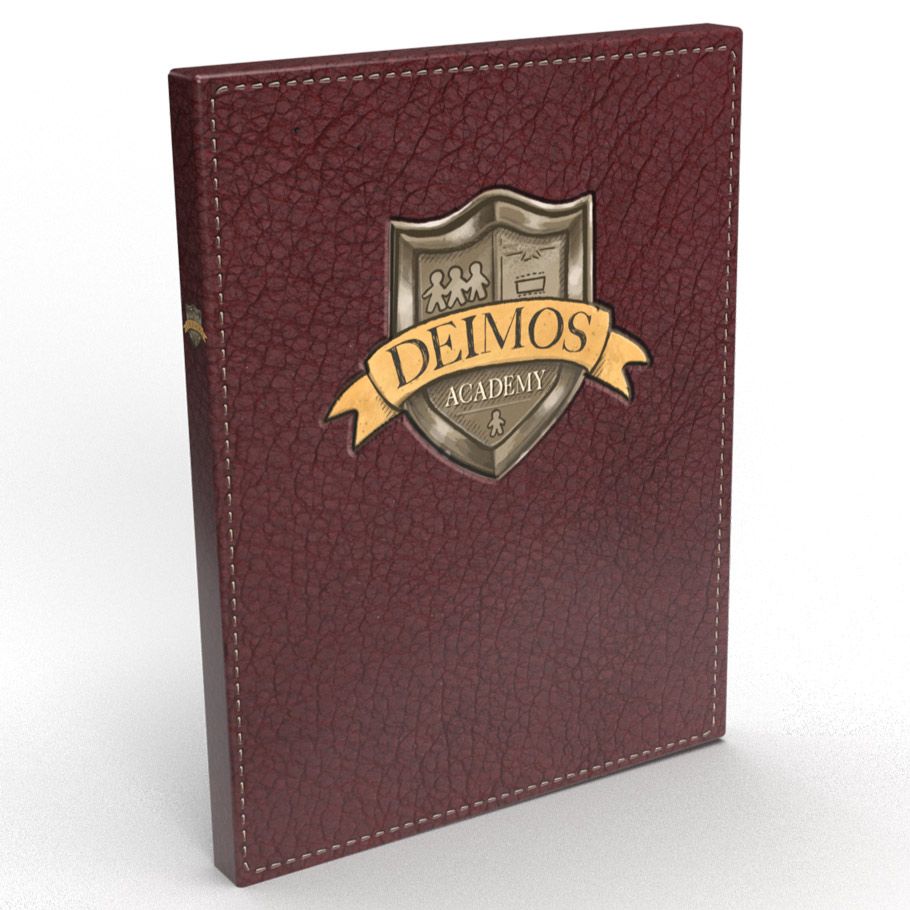 Deimos Academy - Dark red textured binder with gold and brown shield emblem labeled "Deimos Academy" on front cover.