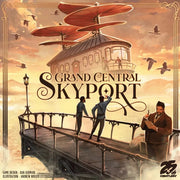 Grand Central Skyport - Board game box cover featuring two men on a metal skyway overlooking a floating house with large red propellers against a.