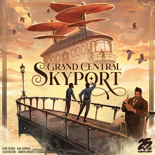 Grand Central Skyport - Board game box cover featuring two men on a metal skyway overlooking a floating house with large red propellers against a.
