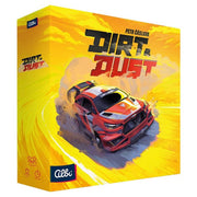 Dirt & Dust - Bright yellow box featuring a red rally car kicking up dirt on a winding track, bold black and red title text "Dirt & Dust".