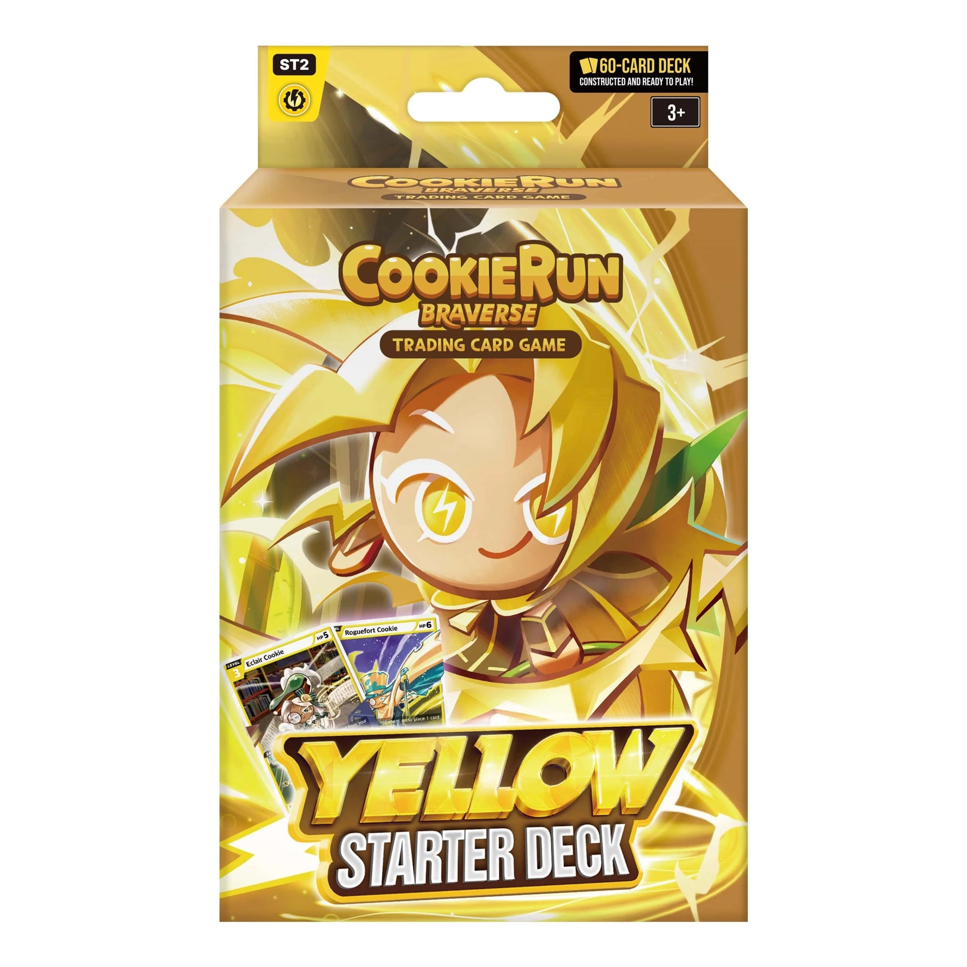 CookieRun TCG: Starter Deck - Yellow - Yellow-themed CookieRun TCG starter deck box with character art and two visible trading cards on the front.
