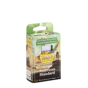 Dragon Shield Sleeves: Board Games - American Standard 100CT - Green box with window showing clear non-glare card sleeves, Dragon Shield logo, American Standard size text.