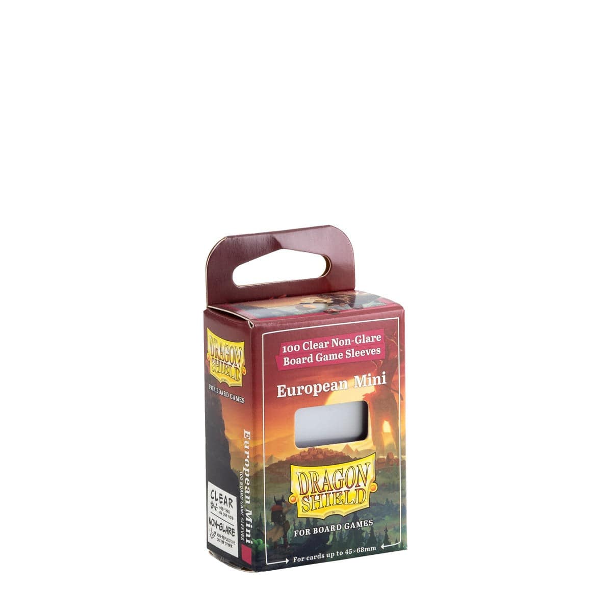Dragon Shield Sleeves: Board Games - European Mini 100CT - Box of 100 brown Dragon Shield card sleeves with clear front, designed for board games, European Mini size.