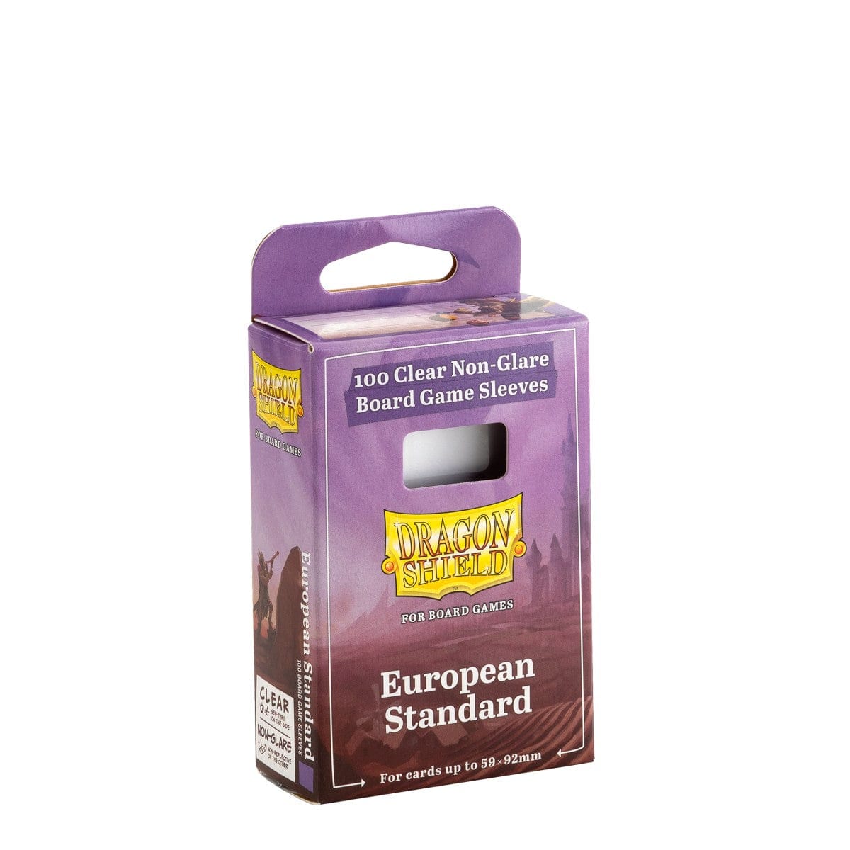 Dragon Shield Sleeves: Board Games - European Standard 100CT - Purple box of Dragon Shield clear non-glare board game sleeves, European Standard, 100 count.