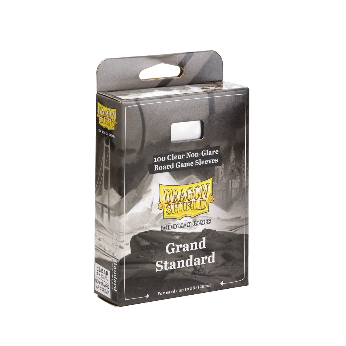 Dragon Shield Sleeves: Board Games - Grand Standard 100CT - Black and gray rectangular box of Dragon Shield Grand Standard clear non-glare board game card sleeves, 100 count.