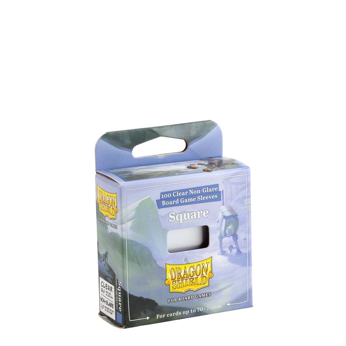 Dragon Shield Sleeves: Board Games - Square 100CT - Box of square, clear plastic card sleeves with blue and white fantasy-themed packaging for board game cards.