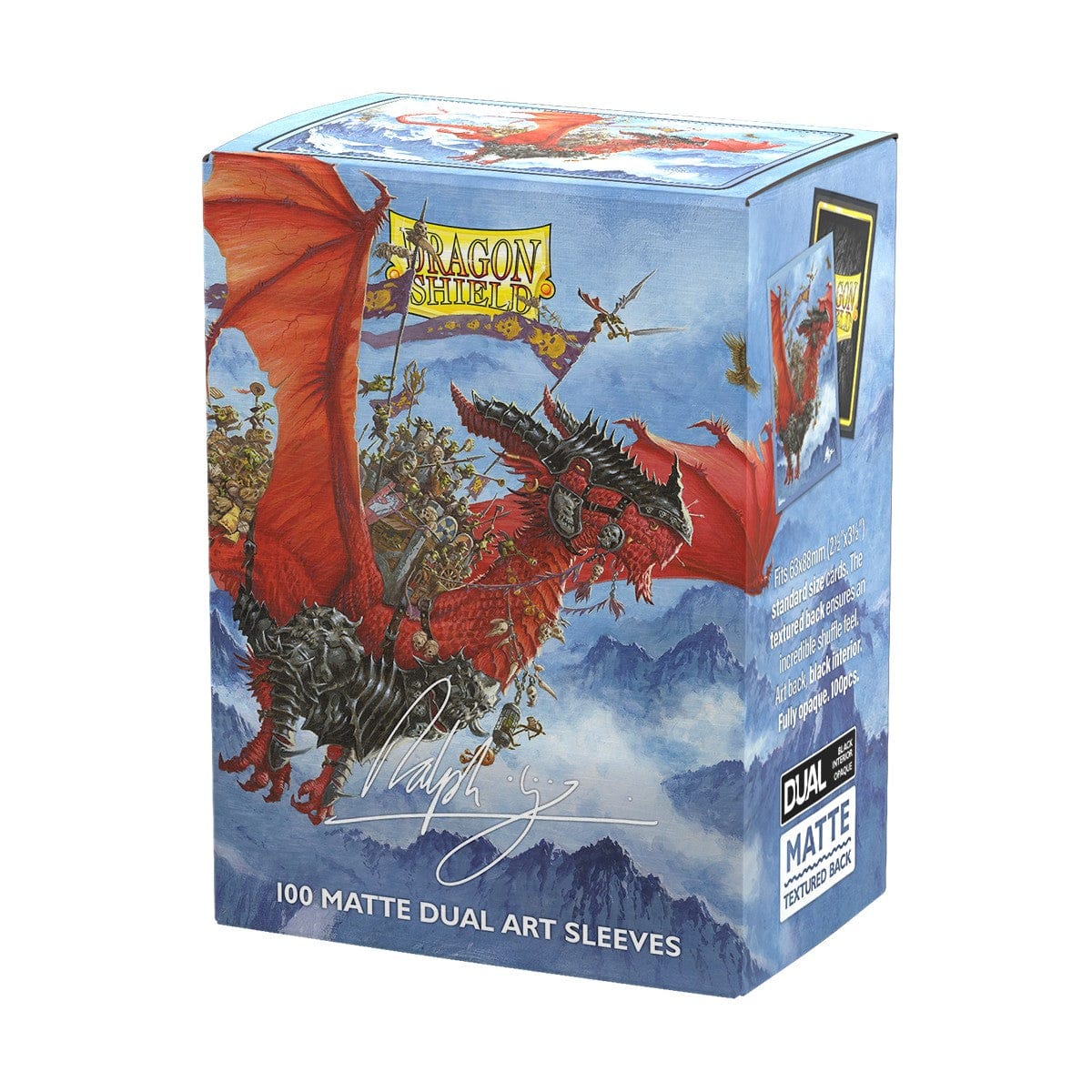 Dragon Shield Dual Matte Art Sleeves 100ct - The Raid (PREORDER) - Box of Dragon Shield Dual Matte Art card sleeves featuring a red dragon with spread wings against a cloudy blue sky.