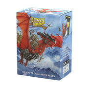 Dragon Shield Dual Matte Art Sleeves 100ct - The Raid (PREORDER) - Box of Dragon Shield Dual Matte Art card sleeves featuring a red dragon with spread wings against a cloudy blue sky.