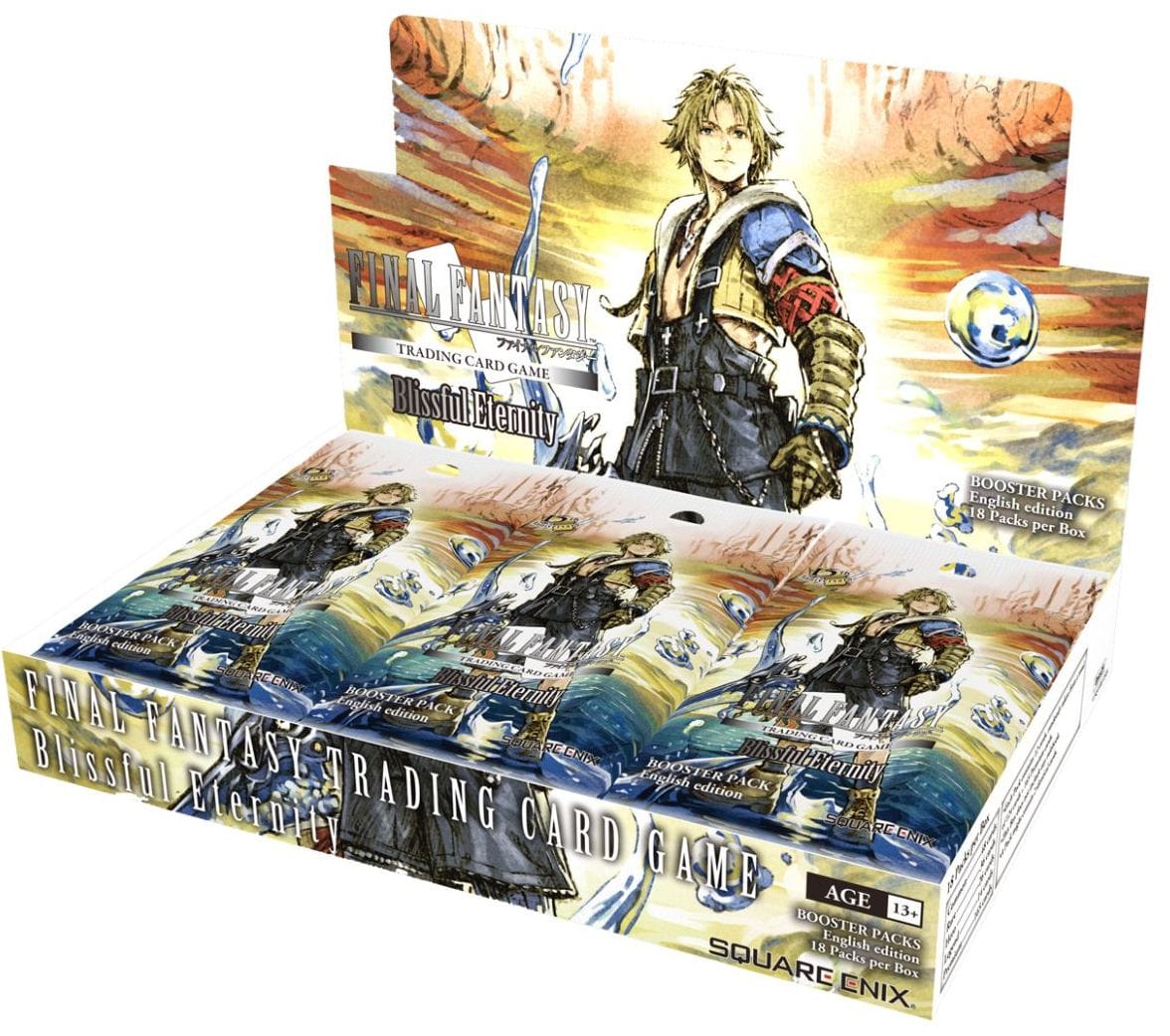 Final Fantasy TCG: Blissful Eternity Booster Box Display (PREORDER) - Open display box with colorful Final Fantasy TCG Blissful Eternity booster packs featuring a heroic character and fantasy.