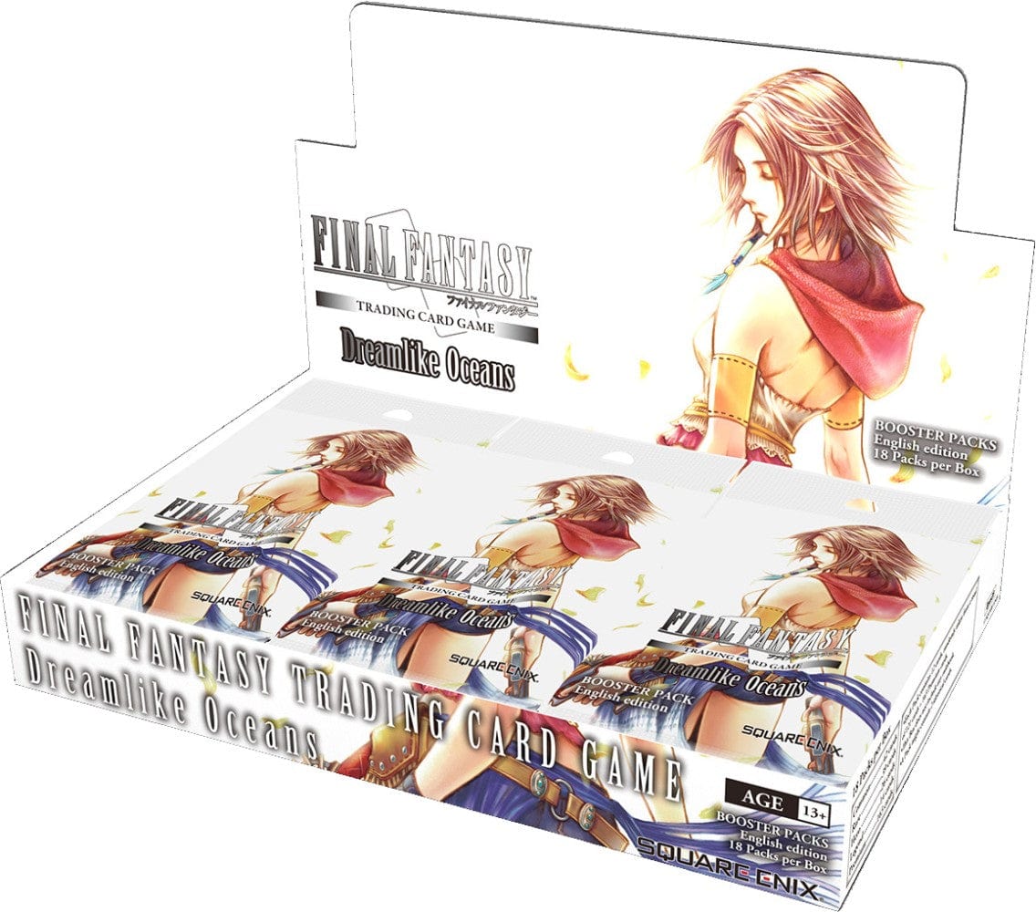 Final Fantasy TCG: Dreamlike Oceans Booster Display - White cardboard display box featuring colorful anime-style characters with brown hair and fantasy armor holding a sword,.