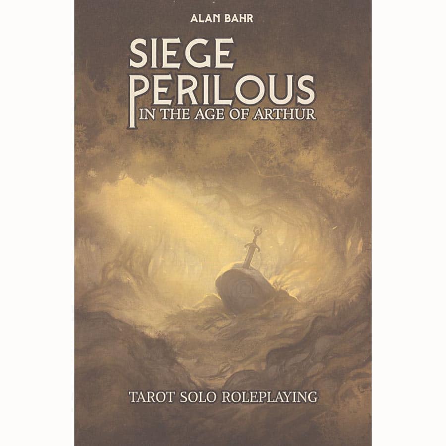 Siege Perilous: In the Age of Arthur (PREORDER) - Book cover with a misty, golden-hued scene of a sword embedded in a stone surrounded by swirling clouds and rugged terrain.