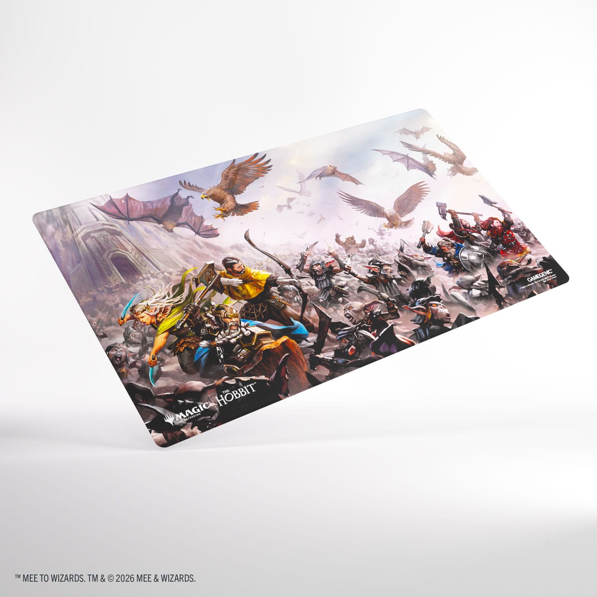Gamegenic- Magic: The Gathering | The Hobbit Prime Playmat - Battle of Five Armies - Rectangular playmat featuring vibrant fantasy battle scene from The Hobbit with armored warriors and flying creatures on.