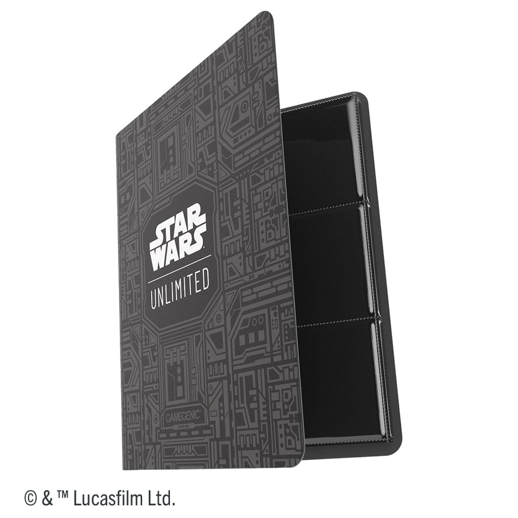 Star Wars: Unlimited Casual Album 18-Pocket - Unlimited Pattern - Black binder with embossed Star Wars-themed circuitry pattern and white Star Wars Unlimited logo, open to show clear.