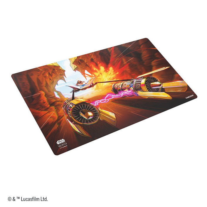 Gamegenic Game Mat: Star Wars: Unlimited - Anakin's Podracer (PREORDER) - Rectangular gaming mat with vibrant illustration of Anakin's Podracer speeding through a rocky canyon, fiery orange and.