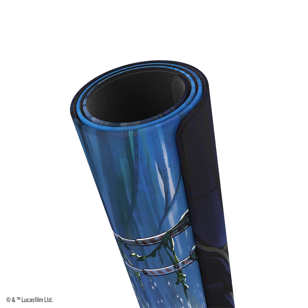 Star Wars: Unlimited Game Mat - Dagobah - Rolled blue and black game mat with detailed forest design and Star Wars-themed illustration.