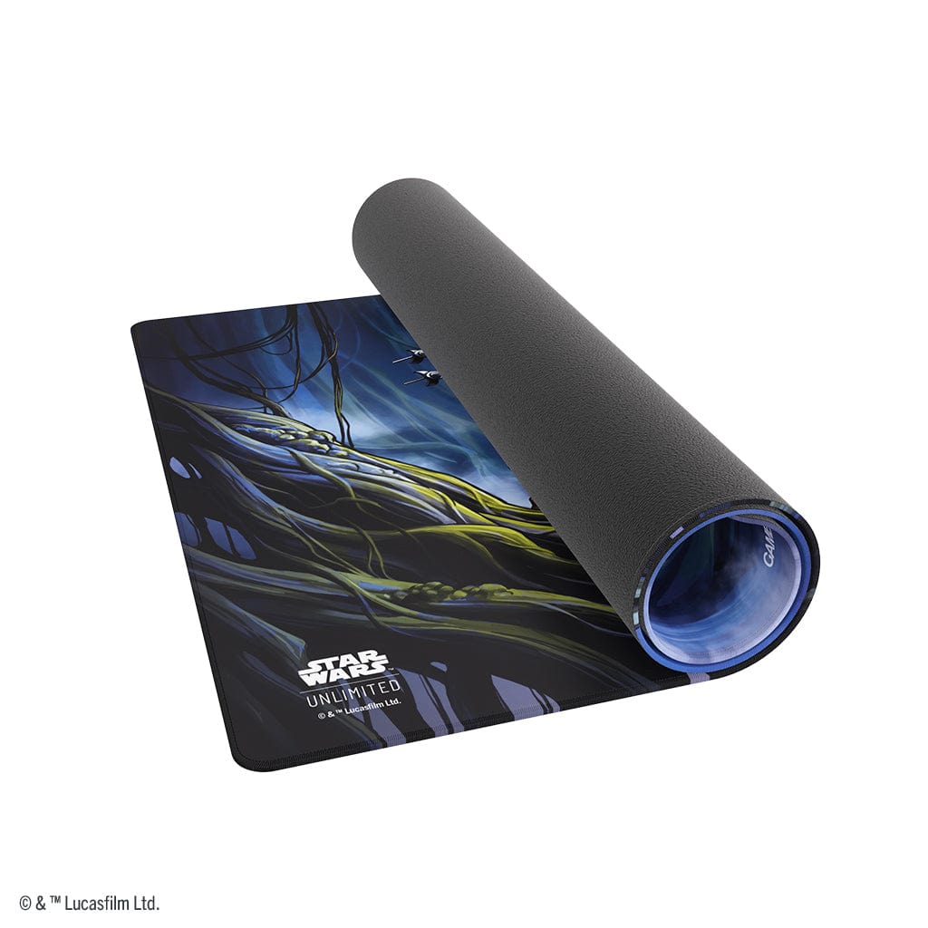 Star Wars: Unlimited Game Mat - Dagobah - Rolled Star Wars game mat featuring dark blue and green swamp design with Dagobah theme and textured black back.