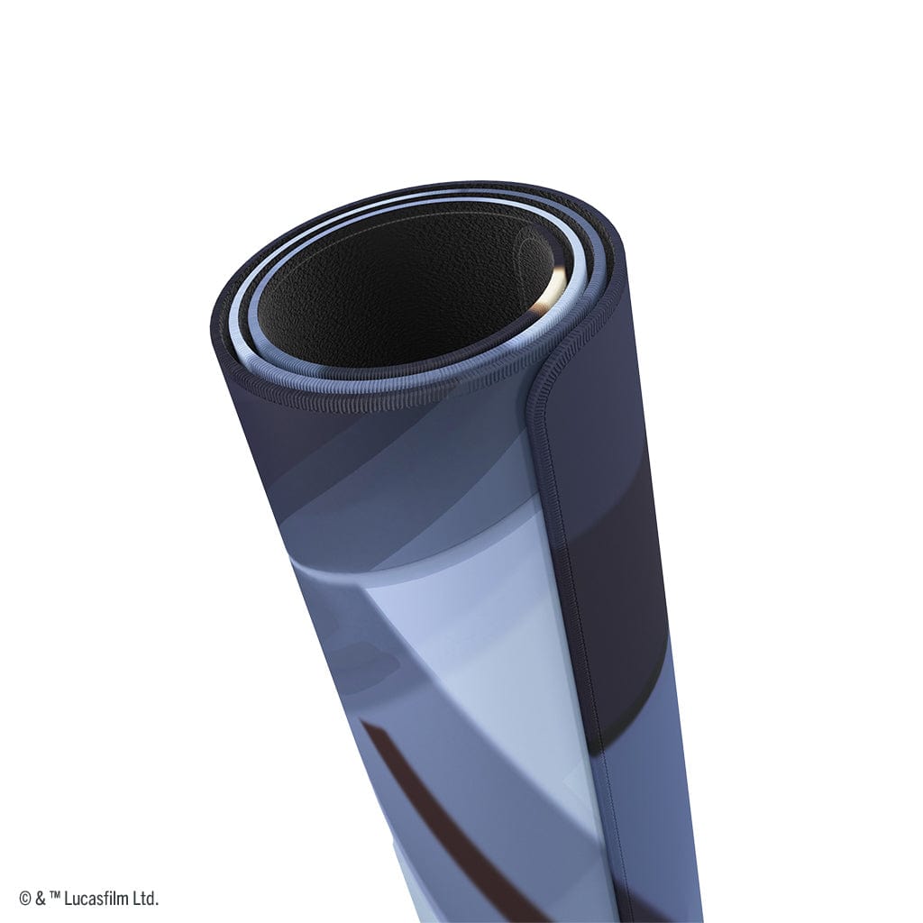 Star Wars: Unlimited Game Mat - Darth Maul - Rolled-up playmat with dark blue, black, and gray geometric patterns on smooth fabric surface.