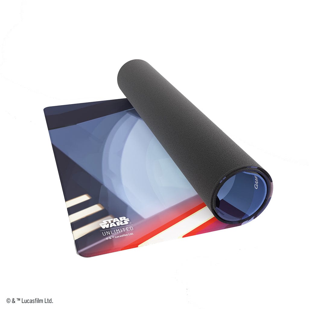 Star Wars: Unlimited Game Mat - Darth Maul - Rolled-up black and blue Star Wars game mat featuring Darth Maul artwork with red and white accents and Star Wars Unlimited.