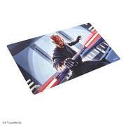 Star Wars: Unlimited Game Mat - Darth Maul - Rectangular game mat featuring Darth Maul wielding dual red lightsabers with a futuristic, dark blue and gray background.
