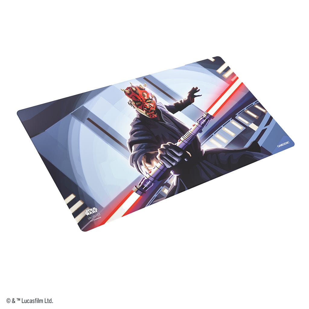 Star Wars: Unlimited Game Mat - Darth Maul - Rectangular game mat featuring Darth Maul wielding dual red lightsabers with a futuristic, dark blue and gray background.